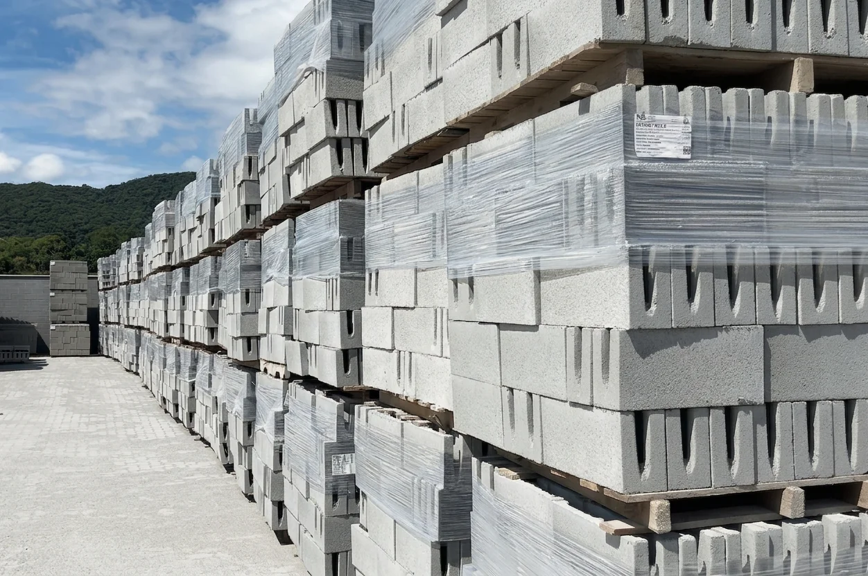 Blocos de concreto produzidos pela Série XP, empilhados em paletes com acabamento uniforme