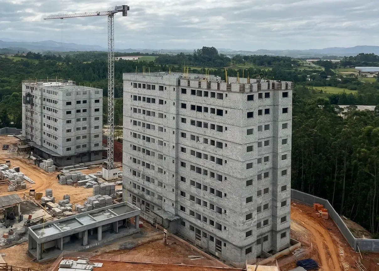 Edifício erguido em alvenaria de blocos de concreto, em obra