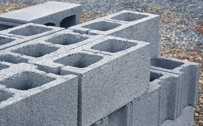 Blocos vazados de concreto recém-desmoldados sobre brita