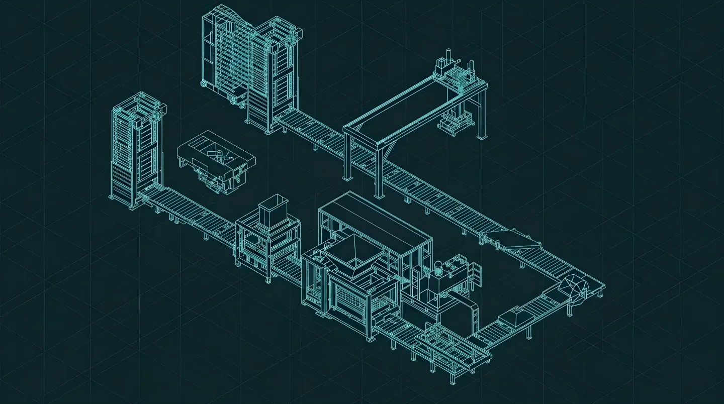 Blueprint isométrico de planta automatizada de artefatos de concreto Gervasi