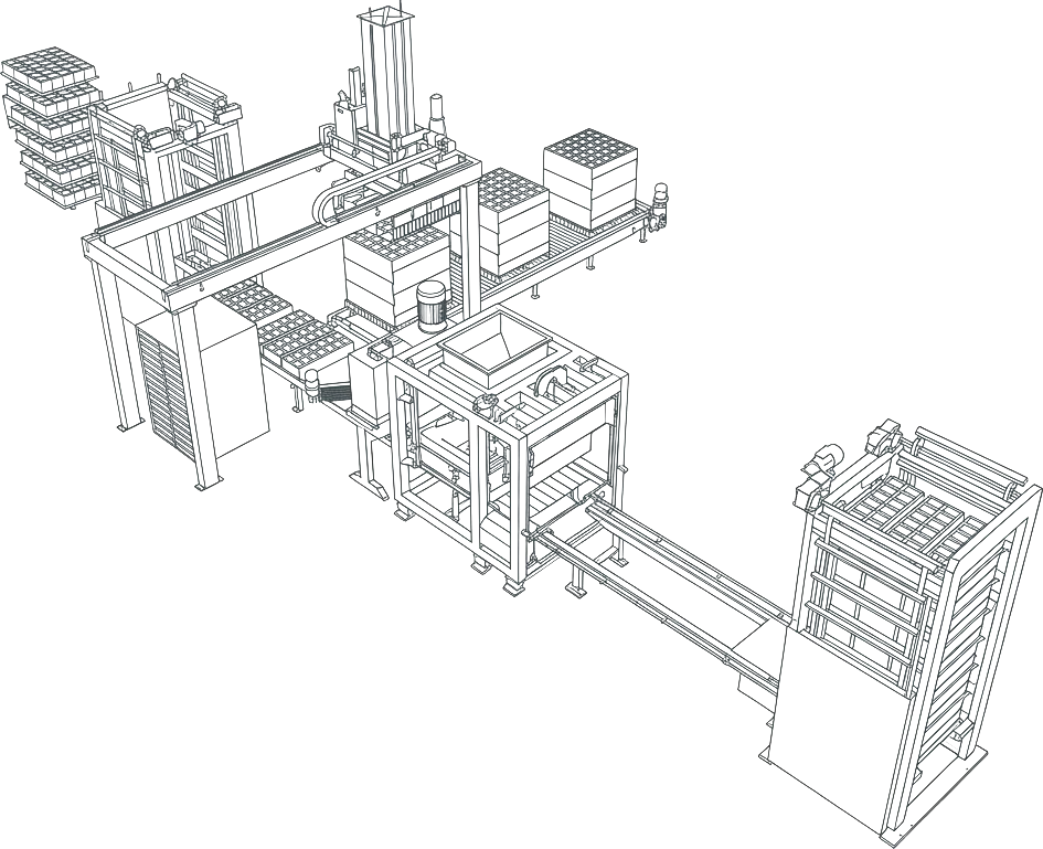 Planta isométrica blueprint de linha de produção em formato L