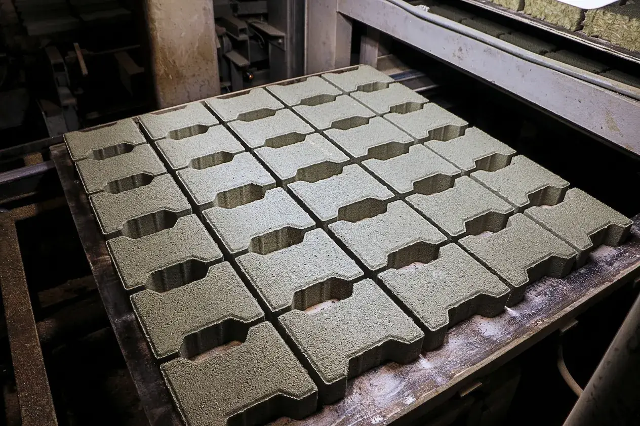 Paver tipo ossinho, recém-prensado e ainda no molde da vibroprensa