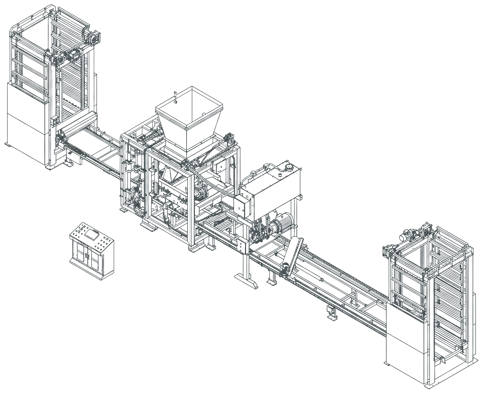 Planta isométrica blueprint de linha de produção em formato linear