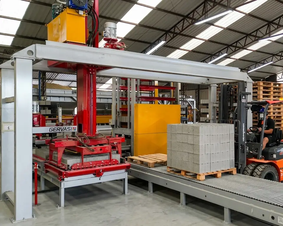 Paletizador automático em fábrica de blocos no Brasil